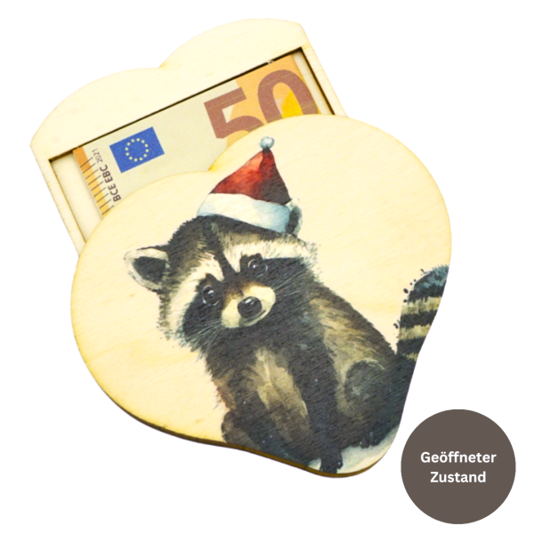 Geldgeschenk Holz - Herz mit Waschbär bedruckt